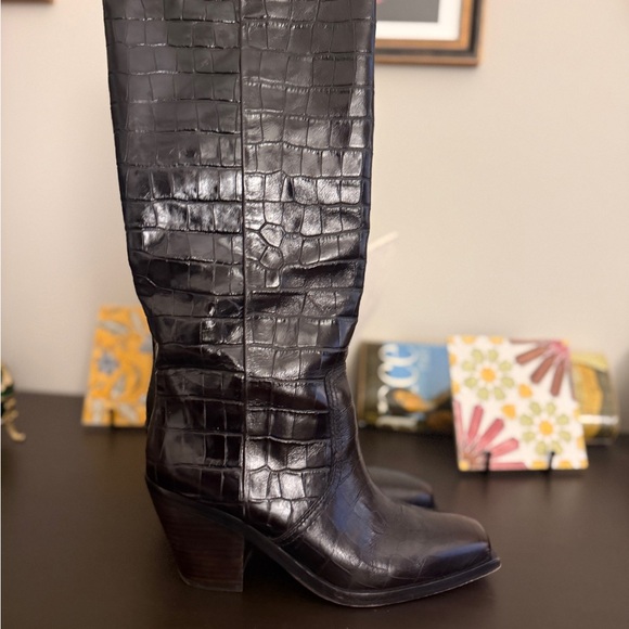 Loeffler Randall Dark Brown Croc-Embossed  Knee Boots- Leather - Picture 5 of 8